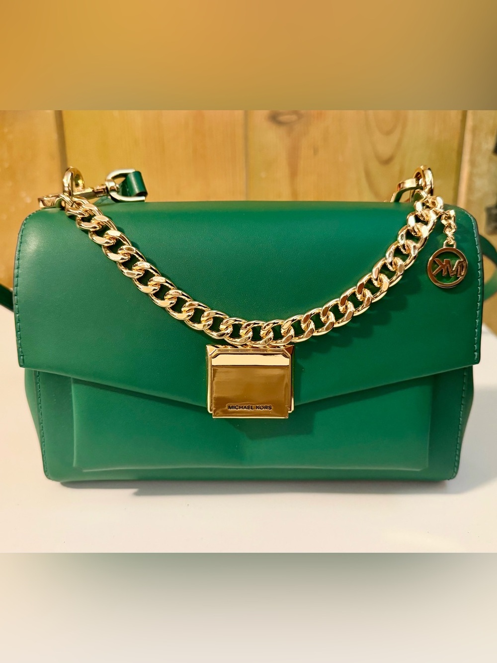 Michael Kors Emerald Green Leather Shoulder Bag with Gold Chain